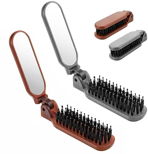 2 Pcs Folding Travel Hair Brush with Mirror Travels Folding Boar Bristles Hairs Brushes Hair Brushes for Women Portable Pocket Purse Brush for All Hairs Types Travel Size HairBrush