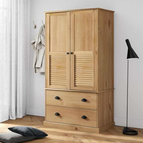 Teenpull VIGO - Armadio in legno massello di pino 90 x 55 x 170 cm, con asta appendiabiti, cassetti e persiane, per camera da letto, cameretta dei bambini, salvaspazio, stile rustico