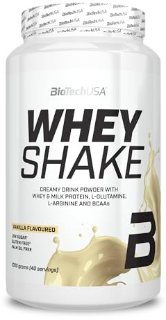 BioTechUSA Whey Shake | Krämigt vassleprotein med fyllig smak | Tillsatta BCAA och aminosyror | Hög fiberhalt | Glutenfri | Krämig konsistens | 1000 g, Vanilj