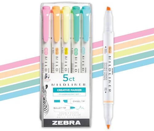 Zebra Pen Mildliner Dual-Tip Highlighter Marker Set, Broad and Fine Point Tips, No Bleed, Ideal for Bible Highlighting, Journaling and Note-Taking, Assorted Fluorescent Ink Colors, 5-Pack (78105)