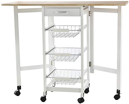 HOMCOM Chariot de Service desserte de Cuisine à roulettes Multi-rangements 3 paniers métal + tiroir + rallonges MDF Blanc chêne Clair