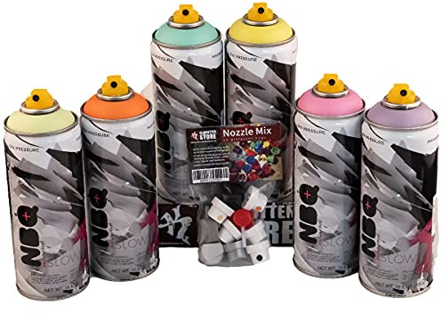 KLAMOTTEN STORE NBQ Pastel - Bote de aerosol (6 x 400 ml, con cabezal pulverizador de repuesto, para manualidades, graffiti, secado rápido, alta cobertura con suave muelle de válvula)