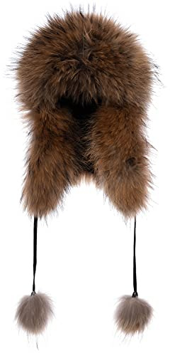 Real Fur Hat for Women - Fox and Raccoon Fur, Warm Trapper Style with Pom and Nylon Exterior