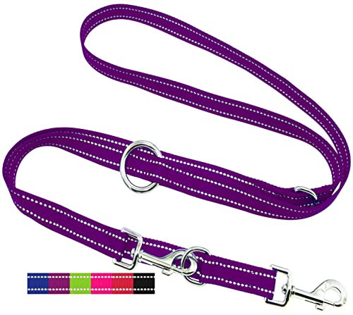 DEY - Premium Hundeleine Nylon 2m | Reflektierend | 3fach Verstellbar | für Kleine, Mittelgroße u. Große Hunde | viele Farben |Doppelleine Hund | Schleppleine | Führ-Leine | Welpenleine | Lila, XS