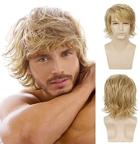 Qnbiar Blond Perücke für Herren kurze flauschige geschichtete blonde Perücke natürliche synthetische Halloween Cosplay Haarperücke für Männer