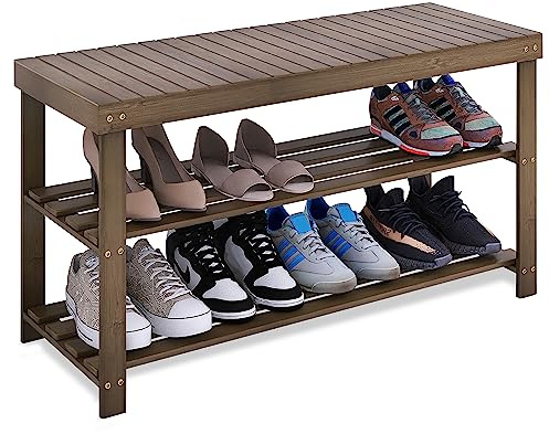 SMIBUY Schuhbank, Schuhregal aus Bambus, 3 Etagen, Schuh-Organizer, Aufbewahrungsregal für Eingang, Flur, Bad, Wohnzimmer, Diele (Walnuss)