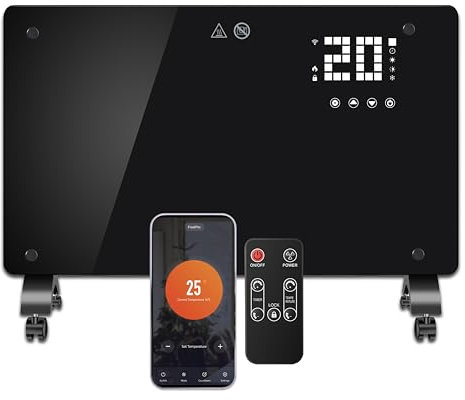 DONYER POWER 1500W Convector Heater, Ultra-thin Wall-mounted or Freestanding, 24H Timer Remote Controlled Operated with WIFI Connection, Black Glass Panel