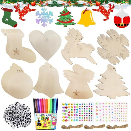 Holzanhänger Zum Bemalen Weihnachten, 224 Stück Holz Basteln Kinder, Bastelset, Tannenbaumschmuck Holzfiguren, Baumschmuck Weihnachtsanhänger