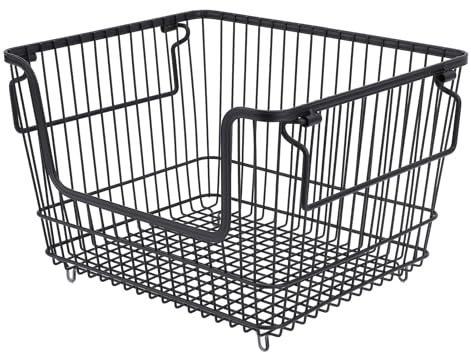 Lot de 4 Bacs de Rangement Empilables en Fil Métallique de 33 Cm, pour Garde-manger de Cuisine, Paniers de Congélateur Ouverts sur le Devant avec Poignées, pour la Cuisine, le