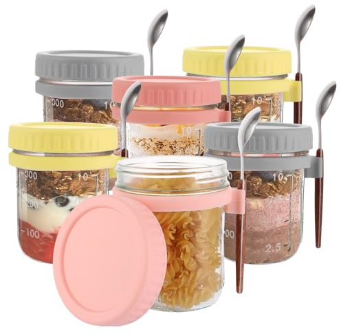 ZOFUN 350 ml/11.8 oz Overnight Oats Jars Pack of 6, Glass Jar with Spoons, Overnight Oats Container with with Measurement Marks, Glass Mason Jars for Overnight Oats, Grey, Yellow, Pink