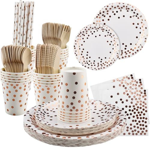 Vexillic Vajilla de Fiesta, 200 piezas Puntos Set de Juego de Platos y Cubiertos, Cubertería de Cartón Vasos y Servilletas para Cumpleaños,Aniversarios (Punto de oro rosa)