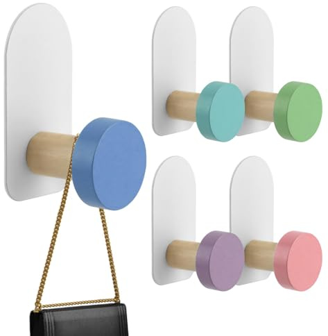 SYCOOVEN 5 Pcs Kids Wall Coat Hooks, Cartoon Animal Pattern Self-Adhesive Hooks, Cute Wooden Decorative Wall Hooks for Towel, Clothes, Key, Bags, Clothing, Towels, Hats(Macaron Round)