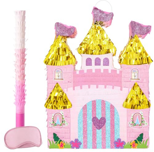 WERNNSAI Princess Castle Pinata - Princess Birthday Party Decorations Girls Pink Pinata with Blindfold and Bat for Girls Birthday Decorations Princess Party Supplies Baby Shower