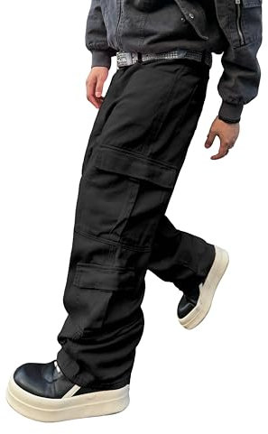 Zewool Herren Casual Baggy Cargo Denim-Hosen Hose mit Taschen Weite Beinform Skater Jeans Y2K Hip Hop Streetwear Gerade Hosen Entspanntes Lockere Passform 2000er Skateboard Streetwear,A10 Schwarz,L