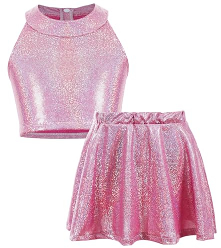 AIEOE Ragazze Scintillanti due Pezzi Abbigliamento Danza Top Senza Maniche + Gonna Danza Hip Hop Jazz Dancewear Rosa 10-13 Anni