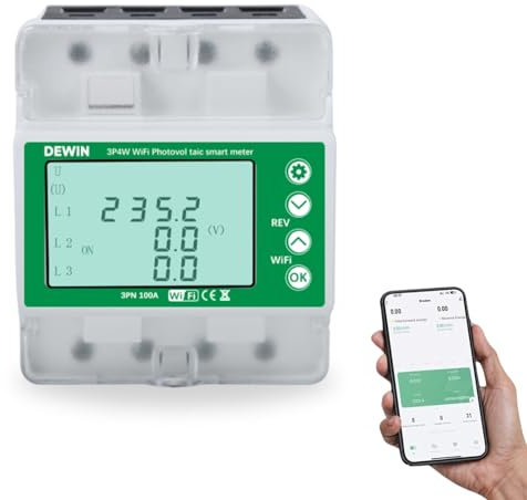 DeWin Compteur d'électricité 3 Phases, Compteur de Courant Triphasé Rail DIN Tuya WiFi Compteur Photovoltaïque Interrupteur de réenclenchement triphasé Protecteur de réenclenchement Intelligent 100A