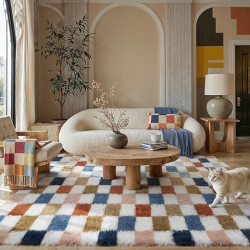 HUGEAR Alfombra Salon 160x230cm Pelo Largo a Cuadros Grande Blanco Colorido Suave Alfombras Antideslizante Modernas Habitacion Juvenil Pie de Cama Exterior Dormitorio Comedor Salón Cocina