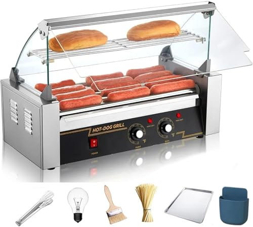 Parrilla for salchichas de 1200 W, máquina for enrollar perritos calientes con iluminación LED/7 rodillos for cocina casera, fiestas
