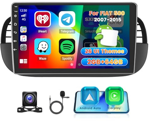 Roinvou 2+64G Schermo Radio per FIAT 500 2007-2015 Wireless CarPlay Android Auto, Android Autoradio 9 Pollici Stereo Auto in Nero con Wi-Fi GPS Bluetooth EQ FM/RDS SWC Telecamera Posteriore