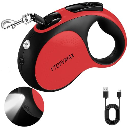 16Ft Retractable Dog Leash - for Small to Medium Dogs Up to 66lbs, Heavy Duty Retractable Leash with Light Rechargeable, Quick Lock Braking & Non-Slip Handle (Red)