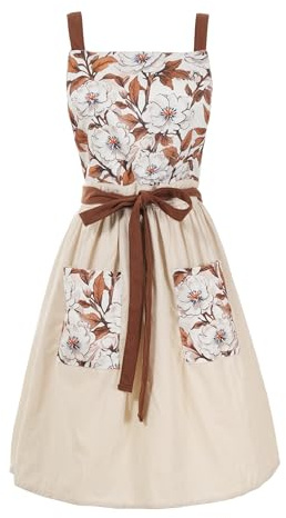 Pinknoke Vintage Pinafore Apron Dress for Women with Pockets Cute Floral Chef Aprons for Kitchen Cooking Baking Gardening (Beige)