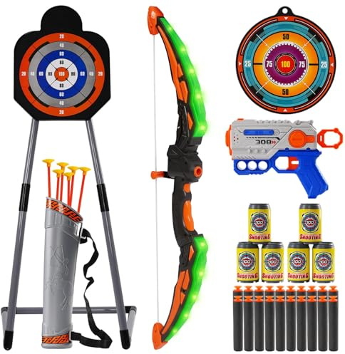 Ark miido 2-in-1 Bow and Arrow Set Kids, Archery Set Toy with 6 Suction Cup Arrows, 1 Standing & Hanging Target, Indoor Outdoor Sport Toys Gifts for Boys Girls Age 3-12
