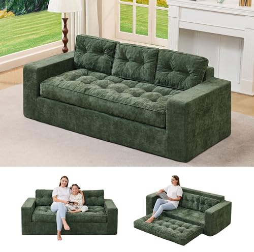 Hobestluk 3-Seater Sofa Boneless Couch with Tufted Button Design 2 in 1 Comfy Cloud Couch Oversized Sofa for Living Room Bedroom Apartment or Office (Green, 3 Seater)