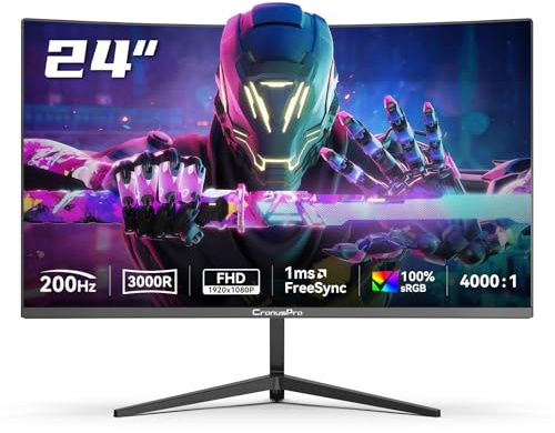 CronusPro 24 Zoll Curved Gaming Monitor, 200Hz, 1 ms MPRT, AMD FreeSync, FHD 1920 x 1080, 3000R, VA Panel, 16:9, sRGB 100 %, HDR, Eye Care, HDMI/DisplayPort, VESA Mount 75*75mm, PC Bildschirm Schwarz