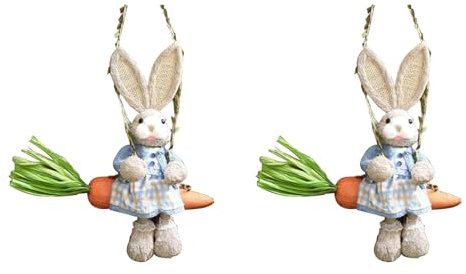 Generchin 2X Estatuilla de Conejito de Paja de Pascua, Conejo de Paja en Columpio de Zanahoria, Adorno Colgante de Estatua de Conejito para Decoración del Hogar de Vacaciones de Pascua A