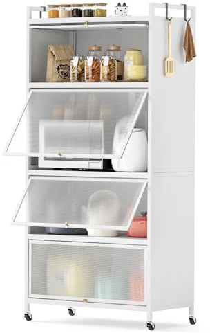COSTWAY Kitchen Storage Cabinet, 5 Tier Tall Pantry Cupboard with Flip-Up Doors, Hooks, Replaceable Foot Pads & Wheels, Freestanding Bakers Rack Microwave Stand for Living Dining Room (White)