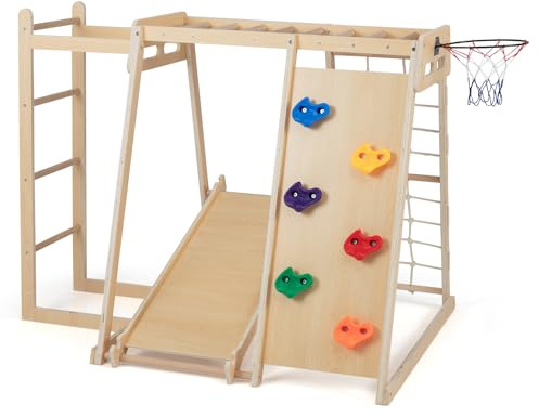 DREAMADE 7 in 1 Klettergerüst Indoor, Spielplatz mit Kletterwand, Kletternetz, Basketballkorb & Rutsche, Kletterturm mit umkehrbarem Kletterbrett & Kletterstange, für Kinder ab 3 Jahren (Natur)