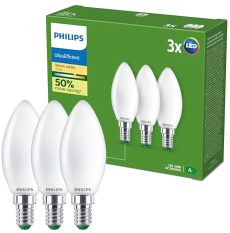 Philips UltraEfficient Bombilla LED, paquete de 3, B35, E14, 485 Lúmenes, 40 W, Ahorro de Energía, EyeComfort, Larga Duración, Luz Blanca Cálida 2700 K, Diseño Clásico, Bombilla Bajo Consumo Mate
