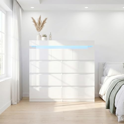 High Gloss Chest of Drawers 3/5/6/7/8/9 with LED Lights, White Modern Chest of Drawers, 16 RGB Lighting w/ Remote, Music Mode, Storage Cabinet for Bedroom Living Room Hallway Furniture (9 drawer)