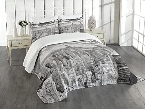 ABAKUHAUS New York Tagesdecke Set, Manhattan Stadtlandschaft, Set mit Kissenbezug Ohne verblassen, für Einzelbetten 170 x 220 cm, Grau