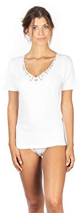 Maglia t-Shirt Intima Donna Maglietta Termica in Caldo Cotone Felpato Maniche Corte Canottiera con Pizzo (L)