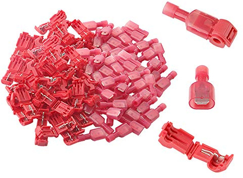 Aiqeer 100 Pcs (50 Pairs) Red T-Tap Self-Stripping Electrical Connectors, Quick Splice T-Tap Wire Terminal Block, T-Tap Quick Splice and Fully Insulated Male Spade Connector