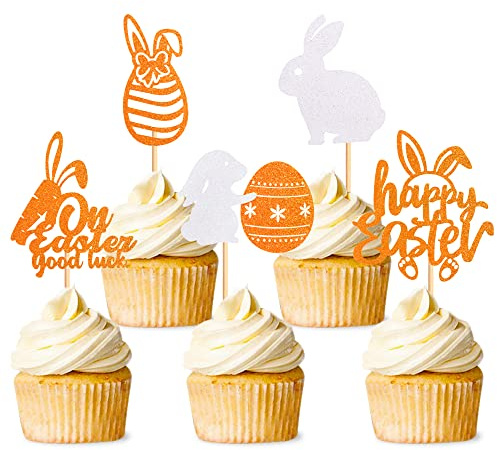 Lot de 30 décorations de cupcake Happy Easter - Lapin - Œufs de Pâques - Pour fête à thème de Pâques - Happy Easter Party - Accessoires de décoration de gâteau