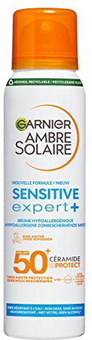 GARNIER Ambre Solaire Sensitive Expert+ - Brume Sèche - Protection Solaire FPS 50+ - Protège des UVA, UVB & UVA Longs - Résiste à L'eau - Céramides - Peaux Sensibles & Intolérantes au Soleil - 150 ml