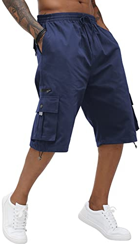 CTU Mens Cargo Long Shorts Cotton Elastic Waist Capri Knee Length Pants Multi Pockets Casual Baggy Combat Trousers Navy, XL