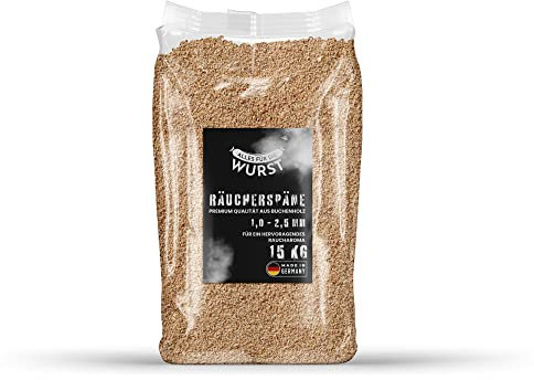 Todo para la salchicha – Haya ahumada, madera de haya natural, varios granos disponibles, harina para ahumar, chips para un resultado perfecto (1,0-2,8 mm – 15 kg saco)