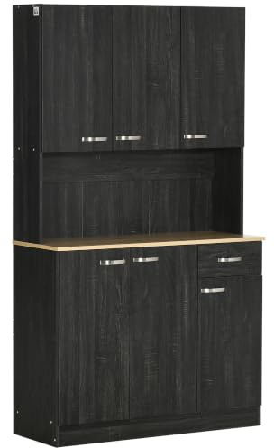 HOMCOM Buffet de Cuisine Multi-Rangements 101L x 39l x 180H cm Noir | Armoire de Cuisine Contemporaine, Multi-Rangements, 6 Portes, 1 Tiroir, Grand Plateau, en Bois