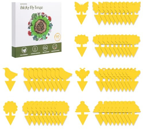 aonova Fruit Fly Traps, Pack 60 Yellow Double-sided Fungus Gnat Sticky Catcher for Plants Indoor and Outdoor Insects Fly Control - Non-Toxic, Waterproof