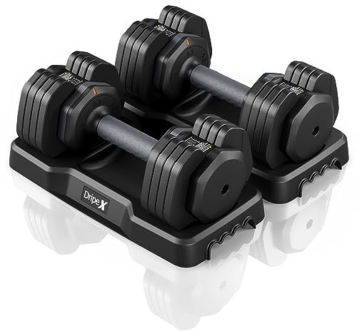 Dripex Set di manubri regolabili 11 kg al paio, manubri con impugnatura antiscivolo, dischi regolabili e supporto, manubri fitness in acciaio