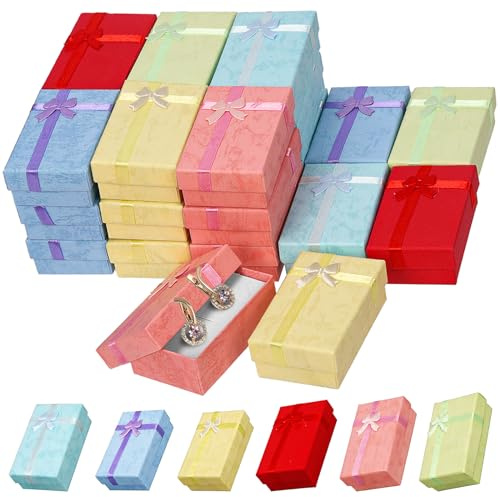 Swpeet 24 cajas de regalo de joyería de 6 colores 3,1 x 1,9 x 1,1 pulgadas, con kits de lazo, cajas de joyería de cartón, cajas de regalo de joyería de collar de anillo, cajas de regalo a granel