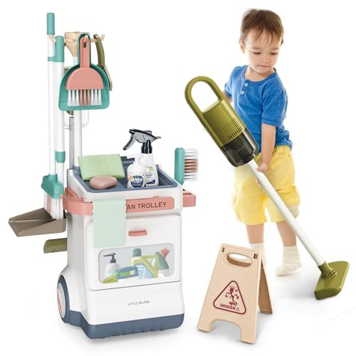 JONRRYIN Putzwagen für Kinder mit Handstaubsauger, Saug- und Soundfunktion, Besen Set, Mop, Kehrschaufel - Reinigung Spielzeug Rollenspiel für Jungen und Mädchen