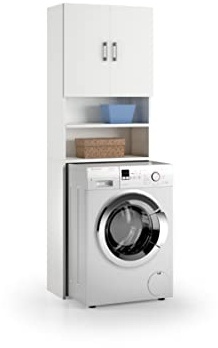 Terraneo mobile multiuso sopra lavatrice con 2 ante e 2 mensole, colore bianco con ante bianche – Struttura salvaspazio 65x32x195 cm per bagno o lavanderia
