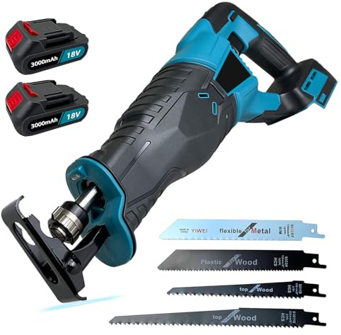 Säbelsäge Akku mit 2x 3,0Ah Akku und Ladegerät, säbelsägen Ersatz für Makita DJR186ZK, 3500 SPM, 4 Sägeblättern, zum einfachen Schneiden von Holz, Metall