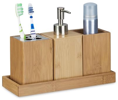 simpa 4PC Bamboo Bathroom Accessory Set. Toothbrush Holder, Soap Dispenser, Cup and Tray.