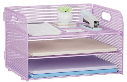 Restorgan Organizador de papel de 3 niveles con asa, organizador de escritorio de malla, bandeja de cartas, organizador de archivos para carpeta de archivos A4, color morado