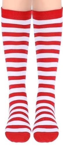reshmena® 1 Womens Striped Knee-High Socks Girls Bright long Socks Ladies Stripe Knee High Socks Girls Party Stripy Knee High Socks Size 4-6 Red & White KH